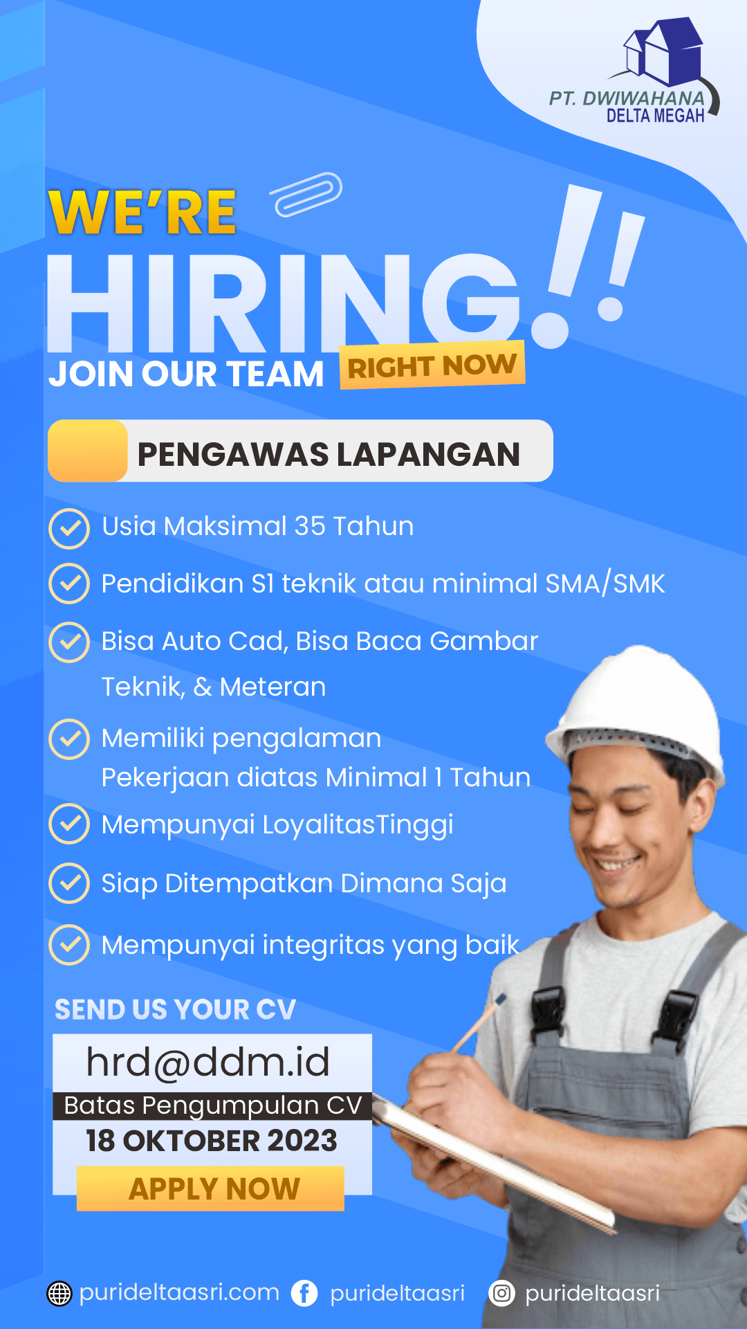 Open Recruitmen PENGAWAS LAPANGAN | Dwiwahana Delta Megah